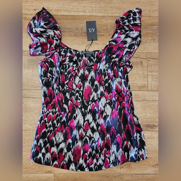 NWT Armani Exchange 100% Silk Sleeveless Top Side Zip M Abstract Black Pink - Picture 3 of 8